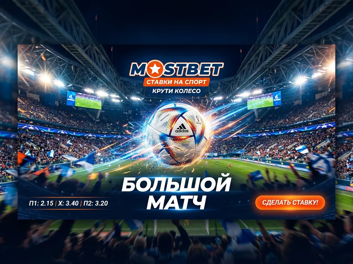 Тёмно-синий спортивный баннер букмекерской конторы Mostbet с футбольным мячом и динамичным освещением стадиона, атмосфера большого матча